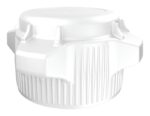 The Justrite Car Cap, 83mm, Closed, 2/Pk features a ribbed white plastic design with a slightly domed top and raised grips for easy opening, adding to its utilitarian charm. The caps are securely closed against a plain white background.