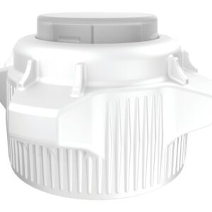 The Justrite Car Cap, 83mm, is a white hexagonal plastic cap featuring Clsd Adp technology with textured sides and gray circular top. It has angular protrusions for easy handling and is designed to secure or seal containers. Comes in a pack of 2.