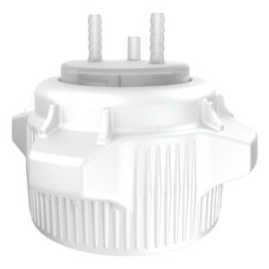 The white cylindrical plastic Justrite Car Cap, with grip-enhancing ribbed sides and two small top nozzles, hints at precision. Its angular elements suggest it could be part of a larger mechanism.