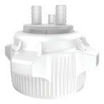 The Justrite Car Cap is an 83mm white cylindrical plastic component with ribbed sides and two protruding nozzle-like connectors on top for hose attachment, designed for operational efficiency.