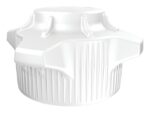 White plastic Justrite Car Cap, 120 mm, with a wide, tapered design and ribbed grip edges. Features a scalloped top and closed vertical grooves for easy handling, sold in packs of 2.