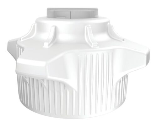 Discover the Justrite Car Cap, 120mm, featuring an Opn/Clsd Adp design with a white plastic hexagonal cap. Its ribbed texture and vertical grooves ensure secure sealing, while the gray top section and raised edges exemplify engineering precision.