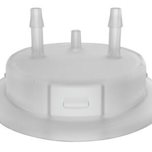 Close-up of a Justrite Adapt 53mm round translucent plastic lid featuring three cylindrical spouts, a flat border, and a side rectangular indentation.