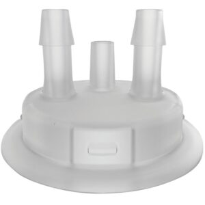 Close-up of a 53mm white plastic lid, part of the Justrite Adapt system, featuring a smooth, slightly reflective surface with three varying-height protruding spouts and a rectangular indentation at the front.