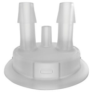 The Justrite Adapt features a 53mm central connector with two 5/16 angled nozzles, expertly designed for fitting onto a pumping device. Its smooth, semi-transparent surface ensures seamless use.