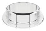 The Justrite Adapter is an 83mm clear plastic lid with a round design, flat top, and smooth edges. It features a recessed handle area for easy lifting and Closd design for a snug fit on matching containers.