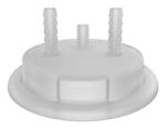 A translucent plastic cap with an 83mm circular base and three cylindrical connectors: two ribbed spouts and a smooth center one, likely for specialized use with Justrite Adapt systems.