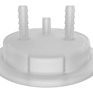 A translucent plastic cap with an 83mm circular base and three cylindrical connectors: two ribbed spouts and a smooth center one, likely for specialized use with Justrite Adapt systems.