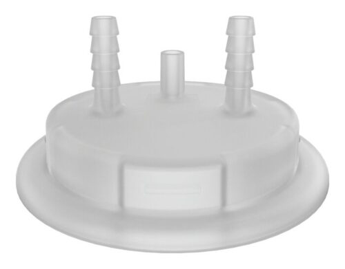A translucent plastic cap with an 83mm circular base and three cylindrical connectors: two ribbed spouts and a smooth center one, likely for specialized use with Justrite Adapt systems.