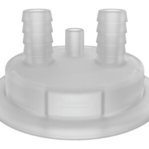 The Justrite Adapt, 83Mm screw cap features two 1/2 Mold In Hb nozzles of varying heights and ribbed connectors for secure attachment to tubing or hoses, ideal for fluid transfer or airtight sealing needs.