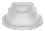 A close-up shows a gray, tiered, round plastic object measuring 120 mm, with a flat top and wide base. Its smooth surface appears hollow and resembles part of a Justrite Adapter, Closed.