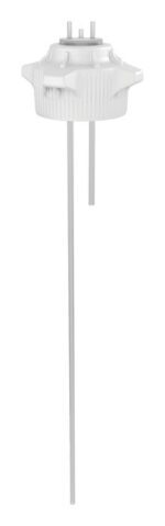 The white vertical electronic component, featuring a ribbed texture and round top with two downward metal rods and small pins, mimics the sleek design of the Justrite Cap,120Mm,Opn,2X 1/4Hb,W/Tubg.