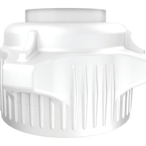 The Justrite Cap,53Mm,Opn Cap,W/Closed Adap is a white plastic cap with a circular design featuring grooves and raised rectangular sections on the sides. Its top has a slightly elevated smaller circle in the center, all within a compact 53mm span.