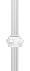 A tall, sleek, white cylindrical object with vertical grooves features an adjustable middle resembling a Justrite Cap 53Mm with 1X1/8 tubing. Set against a plain white background, this piece is possibly part of a telescopic device or tool.