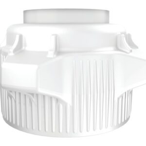 Introducing the Justrite Cap: a white, wide plastic bottle cap designed with grooved sides and a smooth top. Its unique geometric shape and threaded interior suit an 83mm opening perfectly.