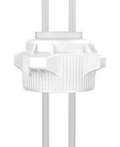 A white, cylindrical object with two vertical rods, similar to a Justrite cap, paired with an 83Mm open cap and two 1/4 tubing, set against a plain white background.