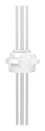 A 3D rendering of a white cylindrical object, similar to a Justrite Cap (83mm), features gear-like design and symmetrically arranged vertical rods, creating a clean and minimalist look.