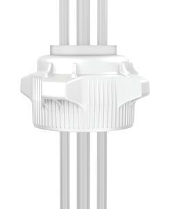 A 3D rendering of a white cylindrical object, similar to a Justrite Cap (83mm), features gear-like design and symmetrically arranged vertical rods, creating a clean and minimalist look.