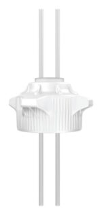 A white, cylindrical Justrite Cap, 120mm in diameter with two vertical 1/4 tubes, showcases a sleek design. Its textured surface has grooves and geometric patterns that enhance its simple, plain white finish.