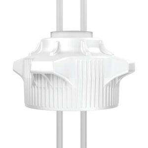 A white, cylindrical Justrite Cap, 120mm in diameter with two vertical 1/4 tubes, showcases a sleek design. Its textured surface has grooves and geometric patterns that enhance its simple, plain white finish.