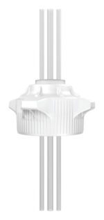 A white, cylindrical item with three vertical rods that looks like a futuristic antenna or electronic device part. It features a Justrite Cap, 120mm with geometric ridges and a slightly rounded top.