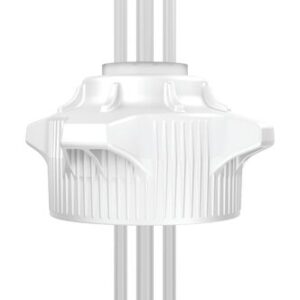 A white, cylindrical item with three vertical rods that looks like a futuristic antenna or electronic device part. It features a Justrite Cap, 120mm with geometric ridges and a slightly rounded top.