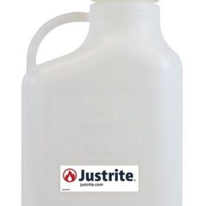 The Justrite Carboy is a 5L translucent white HDPE bottle with a handle, an 83mm white screw cap, embossed measurement, and a label featuring Justrite with a red flame icon and justrite.com. Ideal for storage needs.