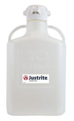 A Justrite Carboy made of HDPE, with a translucent white finish, features an 83mm screw-on cap, two side handles, and 10L embossed on the front. It has a label with the Justrite logo and website justrite.com.