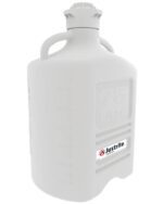 The Justrite Carboy is a robust 7.5-liter white HDPE plastic jug with dual handles, a screw-on 120 mm cap, and measurement markings on the side. The Justrite logo is prominently displayed near the bottom.