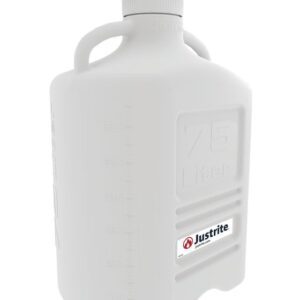 The Justrite Carboy is a robust 7.5-liter white HDPE plastic jug with dual handles, a screw-on 120 mm cap, and measurement markings on the side. The Justrite logo is prominently displayed near the bottom.