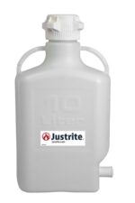 The Justrite Carboy is a gray 10-liter HDPE container with a spout, two side handles, and an 83mm white cap on top. The Justrite Carboy label is prominently displayed on the front.