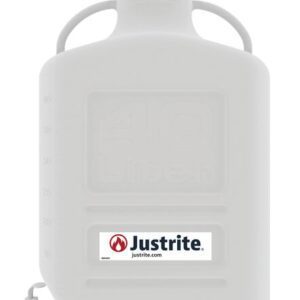 The Justrite Carboy, made from HDPE and featuring a 40-liter capacity with a 120 cap and spout, includes a sturdy handle. The iconic logo and website are displayed on the front for authenticity.