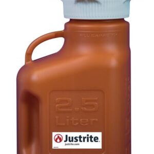 The Justrite Carboy (HDPE, 2.5L, 83mm cap, amb) features a brown ergonomic handle with the Justrite logo and website prominently displayed on the front.