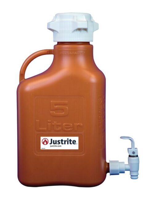 The Justrite Carboy is a 5L brown HDPE container with an 83mm white screw cap, sturdy handle, and bottom spigot. It features the Justrite logo and website URL on the label, ensuring reliability for every use.