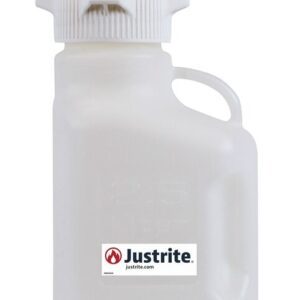 The Justrite Carboy, made of white PP plastic, holds 2.5L, features an 83mm screw-on cap and a sturdy handle for easy dispensing. Its design prominently displays the Justrite logo and website URL.