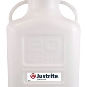 The Justrite Carboy is a translucent plastic container with a 20L capacity, secure handle, and labeled spout featuring the Justrite name and flame logo for safe liquid storage. It includes a robust 120 mm cap for added security.