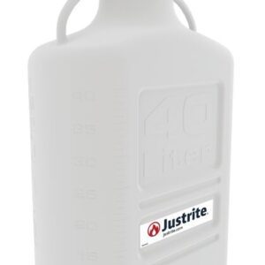 The Justrite Carboy, a large gray plastic container, features a 120 mm cap, handle, measurement markings up to 40 liters, and displays the Justrite logo on the side.