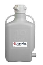 The Justrite Carboy is a robust PP 10L container featuring a screw cap, two side handles, and a spout. It displays the Justrite logo and 10L, designed for safe liquid storage and transport.