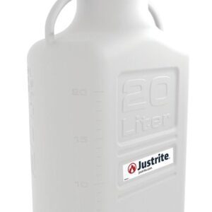 The Justrite Carboy, made of durable PP material, is a large white plastic container with a capacity of 20L. It features a push-button spout, two handles, measurement lines on the side, and is labeled near the bottom.