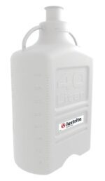 The Justrite Carboy PP plastic container, 40L capacity, features a screw cap and a brand label. It has volume markings and a built-in top handle for easy handling, making it perfect for versatile uses.