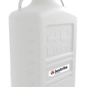 The Justrite Carboy PP plastic container, 40L capacity, features a screw cap and a brand label. It has volume markings and a built-in top handle for easy handling, making it perfect for versatile uses.