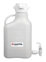 A 5-liter white PP Justrite Carboy has a spout, handle, and an 83mm cap for secure closure. The Justrite logo is prominently displayed on the front.