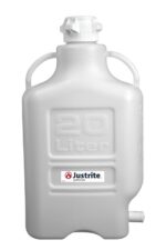 Discover the versatile Justrite Carboy, a 20L white plastic container with an 83mm cap. Its bottom spout and side handles ensure convenience, while the Justrite logo is prominently displayed on the front label.