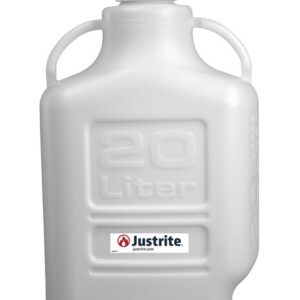 Discover the versatile Justrite Carboy, a 20L white plastic container with an 83mm cap. Its bottom spout and side handles ensure convenience, while the Justrite logo is prominently displayed on the front label.