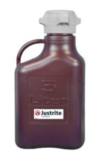 The Justrite Carboy, Pp, 5L, with an 83mm cap in dark amber, features a sturdy handle and a white capped spout marked 5L with the red Justrite logo. For more details, visit Justrite.com.