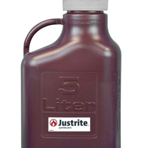 The Justrite Carboy, Pp, 5L, with an 83mm cap in dark amber, features a sturdy handle and a white capped spout marked 5L with the red Justrite logo. For more details, visit Justrite.com.