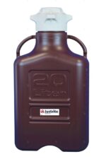 The Justrite Carboy is a dark amber plastic container labeled 20L with a white 120 cap. It features two side handles for easy carrying and prominently displays the Justrite logo, making it safe and practical for liquid transport.