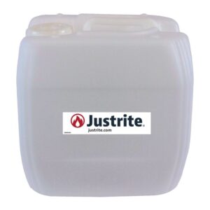 The Justrite Carboy is a 13.5L translucent HDPE container featuring the Justrite logo, a flame icon, and justrite.com. It includes a secure 70mm screw cap, making it perfect for safe liquid storage or transport.