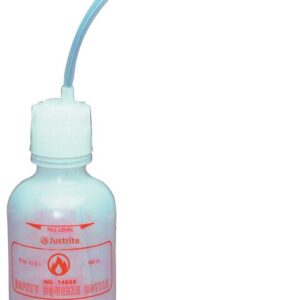 The Justrite Bottle, Sfty Squeez, 16Oz Wht, boasts a translucent design with a red label for instructions and cautions. Its long, curvy plastic spout allows precise dispensing for safe and accurate use.