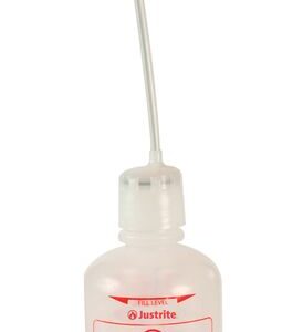 A clear Justrite 32Oz Wht Sfty Squeez Bottle with a long, thin nozzle features flammable in red text and prominently displays the brand name Justrite on its label.